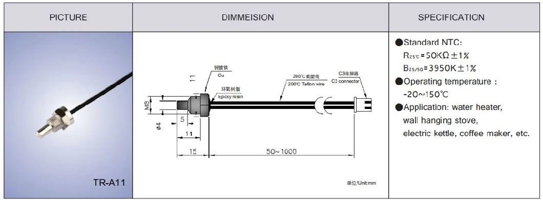 Cabo Group Kg-C Cylindrical Ntc Temperature Sensor for Water Heater Air Conditioner Refrigerator Oven Coffee Maker